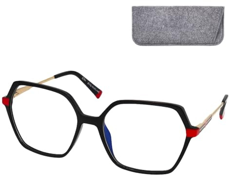 Mini Brille Lesebrille Damen Sechseckig Metall Oversize mit Filzetui | XL-Hexagon-Design mit großen klaren Gläsern, 138 mm Gesamtbreite und 25 g – geometrische Damenbrille mit Metallbügeln