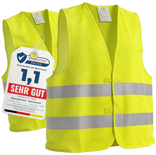 Upgrade4cars Giubbotto Catarifrangente Auto Gilet Alta Visibilità Omologato 2 Pezzi Set Uomo Donna | EN ISO 20471 CE | Giallo Fluo Taglia Unica Regolabile fino a XXL Poliestere Codice Strada