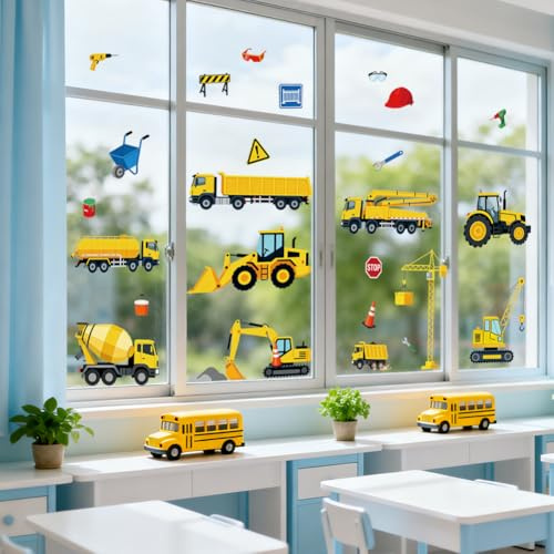 ANATTASOUL Baufahrzeuge Fensterbilder for Frühling Sommer | Doppelseitig Blickdichter Badezimmer Fensterbilder Kinderzimmer Wiederverwendbare Fensterbilder Frühling for Winter Herbst