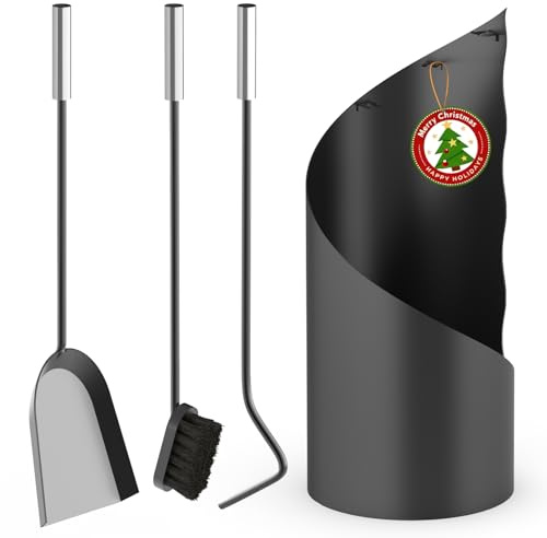 Kidsgigglz Kaminbesteck Set 3-teilig, Kaminzubehör Edelstahl schwarz, Ofenbesteck mit Holzgriff, Kamingarnitur für Kaminofen mit Kaminbesen, Schürhaken Ascheschaufel Stahl, Kaminreinigungsset Haushalt