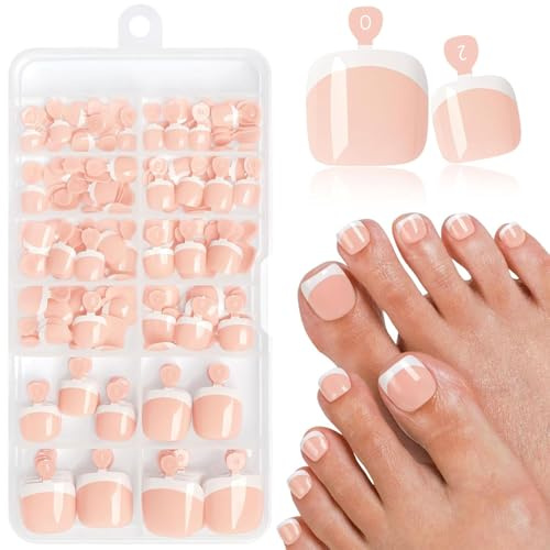 LunarCharm 120 piezas uñas postizas francesas blancas para pies, uñas para pegar con pestañas adhesivas, uñas de gel para pies de aplicación sencilla