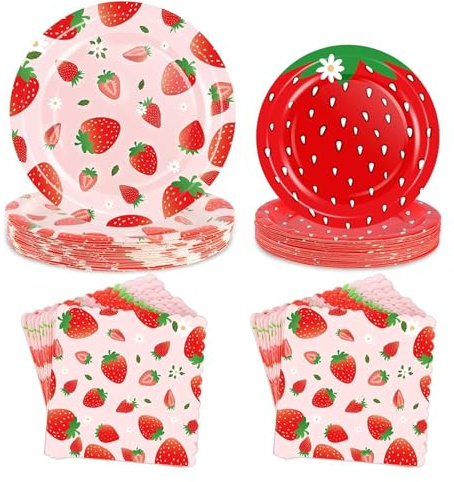 Kockuu 75pcs Strawberry Theme Paper Plates, Disposable Party Plates and Napkins for Birthday Party, Tea Party, Strawberry Party
