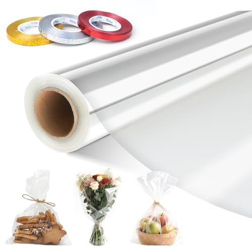 Klare Cellophanfolie 86CM x 30M, 3 Mil Dicke Transparent Geschenkfolie, klarsichtfolie Cellophan Rolle Mit 3 Rollen à 10 m Band, Kristallklar Geschenkpapier Zellophan für Geschenkkörbe, Blume