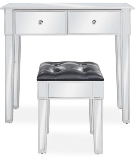 Jkghdrt Verspiegelter Schminktisch mit Spiegel und Hocker aus MDF und Glas, EIN verspiegelter Frisiertisch MDF mit Zwei Schubladen und Kunstlederhocker