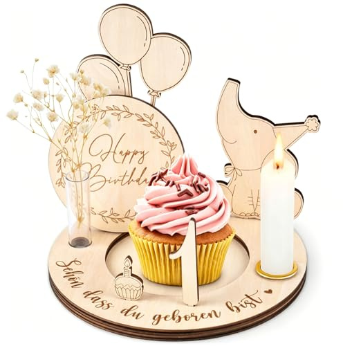 Geburtstagsteller aus Holz, personalisierbar mit Gravur, Kerzenhalter, Vase und Zahlen von 0 bis 9, Krone, Geburtstagsgeschenke, kreative Geburtstagsgeschenke