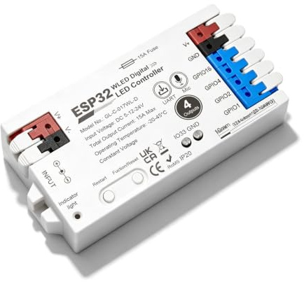 Keltorio ESP32 WLED Controller, 4-Kanal Digital LED Strip Controller, 15A Sicherung, Adresseierbare LED Strip mit Mikrofon für WS2811, WS2812, SK6812, TM1814, WS2813, WS2815