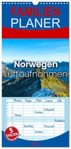 Familienplaner 2026 - Norwegen Luftaufnahmen mit 5 Spalten (Wandkalender, 21 cm x 45 cm), CALVENDO: Hoch oben im Norden. (CALVENDO Orte)