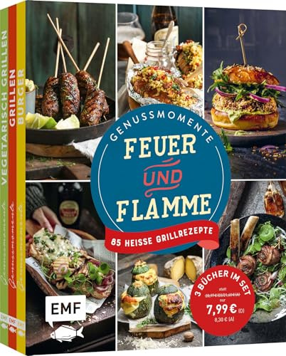 Genussmomente: Feuer und Flamme: 85 heiße Grillrezepte von Veggie bis Burger | 3 Bücher im Set für alle Grilltypen – ob für Kugelgrill, Smoker, Elektrogrill, Kontaktgrill, Gasgrill oder Holzkohlegrill