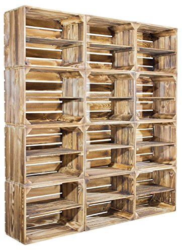 12er Set schöne neue geflammte Holzkiste - mit Mittelbrett * längs * für Schuhregal und Bücherregal - Holzkiste Dekokiste mit Mittelbrett / Zwischenbrett als Regalkiste - 50cmx40cmx30cm