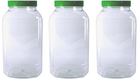 3 Large Storage Jars with Green Screw Top Lids by Britten & James. Clear Food Grade