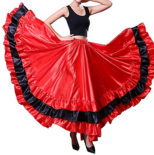 Damen Schwarz Rot Schichten Satin Langer Rock für spanischen Flamenco, Bauchtanz, Mexiko, Ballett, Folklorico Performance Kostüm, Rotes Design
