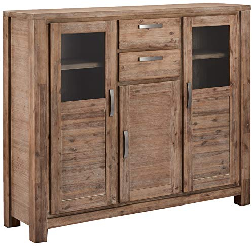 Ibbe Design Highboard Vitine Braun Lackiert Massiv Akazie Holz Vitrineschrank Alaska mit Glastüre und 2 Schubladen, L160xB45xH140cm