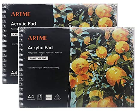 ARTME Lot de 2 blocs de papier acrylique A4 paysage x 12 feuilles/400 g/m² extra lourd/pressé à froid/sans acide, papier acrylique de qualité supérieure pour peinture acrylique et gouache