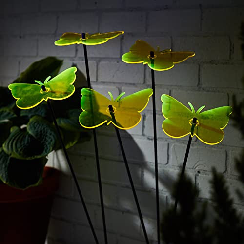 5X Großer Sonnenfänger Schmetterling, Deko Gartenstecker 5er Set mit 75cm Schwingstab, Leuchtende Garten Geschenk Idee, Farbe:Gelb