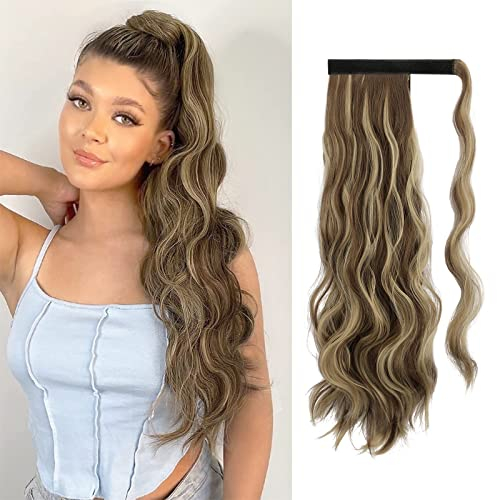 FESHFEN Zopf Pferdeschwanz Haare Extensions Lang Wellig Lockig Clip in Ponytail Synthetik Haarzopf Haarverlängerung Haarteil für Damen, Hellbraun & Blond 60 cm