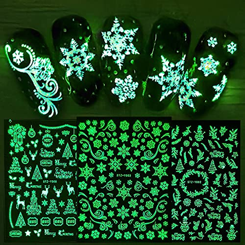 JMEOWIO 9 Sheets Christmas Glow in The Dark Nail Art Stickers Decals Self-Adhesive Pegatinas Uñas Winter Holiday Snowflake Nail Supplies Nail Art Design Decoration Accessories