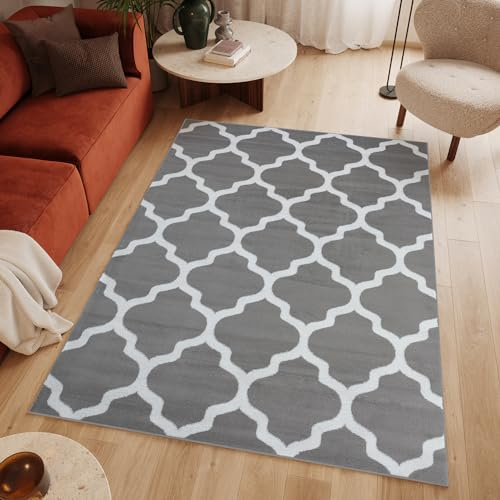 TAPISO Luxury Teppich Kurzflor Hellgrau Weiß Modern Marokkanisch Geometrisch Kleeblatt Gitter Rauten Muster Schlafzimmer Wohnzimmer ÖKOTEX 120 x 170 cm
