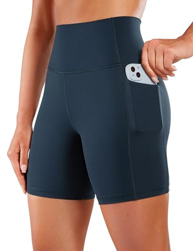 CRZ YOGA Naked Feeling Damen Radlerhose mit Taschen Hohe Taille Yoga Shorts Kurze Sporthose Sport Leggings Sportshorts - 15cm Echte Marine 40