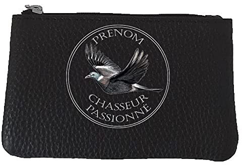 Syl'la Chasseur passionné Petit Porte Monnaie en Cuir Porte cles Noir personnalise avec Un prenom