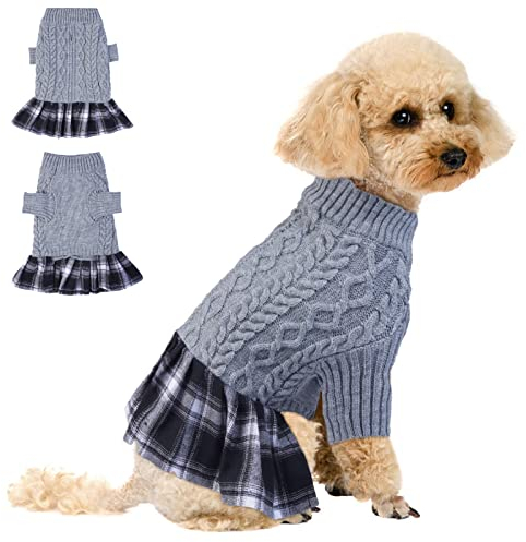 Strickpullover Kleid für Hunde, Klassischer Zopfmuster Hund Pullover Winter Warmer Kleidung Haustiermantel Winter Fleece Hundepullover(Grau, XL)