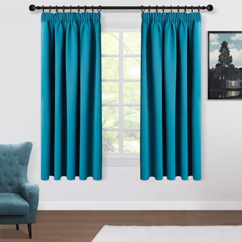 Topfinel Blackout Curtains for Bedroom Pencil Pleat Teal Curtains Thermal Insulated Short Curtains for Windows 54 Drops Kitchen Curtains Soundproof for Living Room 2 Panels W117 x L137CM