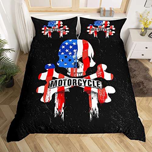 Juego de ropa de cama para motociclistas y niños y niñas, con bandera americana, juego de funda de edredón de calavera para motociclistas, diseño de esqueleto para dormitorio, deportes extremos, tama