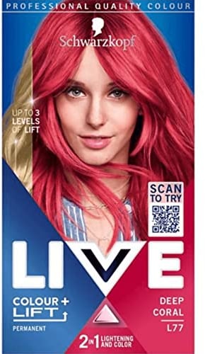Schwarzkopf LIVE Colour + Lift Deep Coral Permanent Hair Dye L77, Vibrant Pink Hair Dye Lightens Up To 3 Levels, Long Lasting Hair Colour with Built-In Lightener