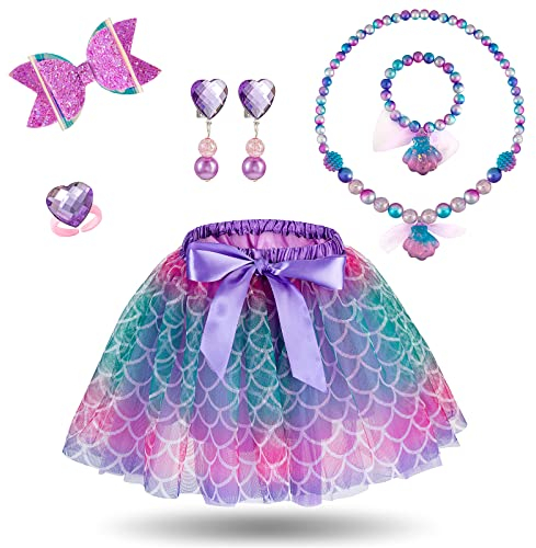 Hifot Meerjungfrau Kostüm Mädchen mit Haarreif halskette armband ohrringe ring schmuck Set,Tüllrock Kinder Prinzessin Kleid Mädchen für Halloween Karneval Cosplay Geburtstag Party Verkleidung Kinder