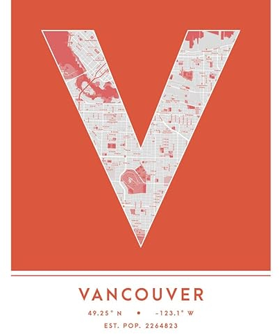 Wee Blue Coo Vancouver Canada City Map Orange Colour Block Modern Typography Stylish Letter Unframed Word Wall Art Print Poster for Home Décor CITYMAP1