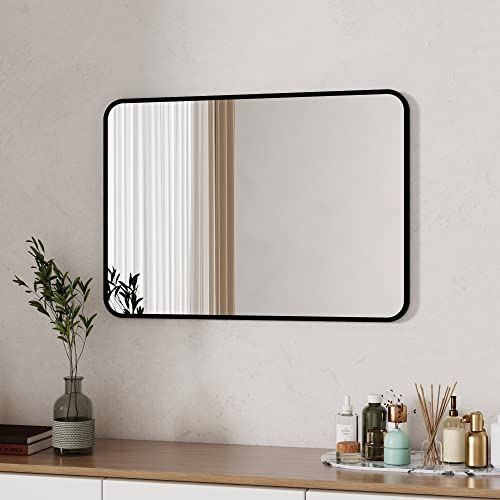 Boromal Spiegel Schwarz 50x70 cm Rechteckiger Spiegel Schwarz mit Metall Rahmen Badezimmerspiegel Schwarz Badspiegel Schwarz Wandspiegel Schwarz für Badezimmer, Waschräume, Schlafzimmer
