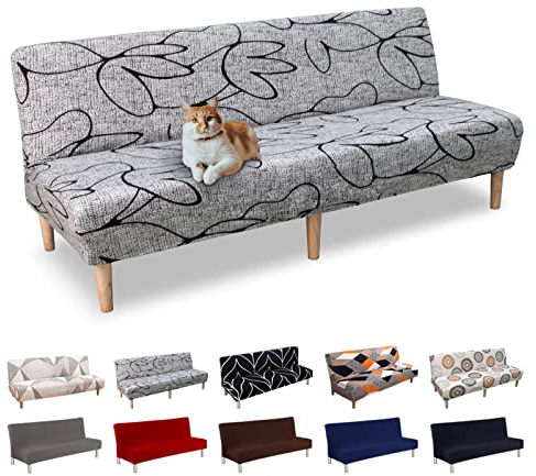 Lydevo Sofabezug ohne Armlehnen 3 Sitzer Sofabettüberzug Stretch Armlehne Sofabettüberzug Sofabezug Armlos Clic Clac Elastisch Couchbezug Futon für Klappcouch ohne Armlehnen,Graue Blume