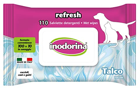 Inodorina Toallitas Desinfectantes para Perros y Gatos Talco (110 Unidades). Toallitas Húmedas de Higiene para Mascotas, Tejido Resistente Sin Alcohol., Azul