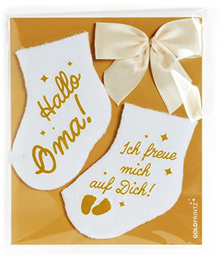 goldprintz Schwangerschaft verkünden Oma - bedruckte Babysocken mit Postkarte zum Verschenken und Verschicken - du wirst Oma Überraschung - Handarbeit aus Deutschland