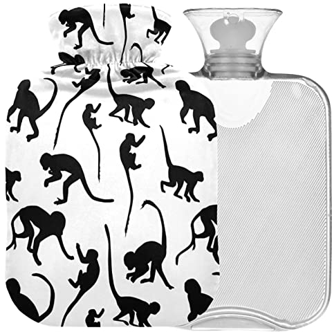 Naanle Schwarze Affe Wärmflasche mit Bezug Transparente Warmwasserflasche 1L Wärmflasche für Bett Hand Füße Wärmer Schmerzlinderung Wärme- und Kältetherapie