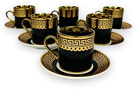 Luxus Gold Espressotassen 12 TLG für 6 Personen Tassen + Untertassen 60 Ml Mäander Stil mit Geschenkverpackung