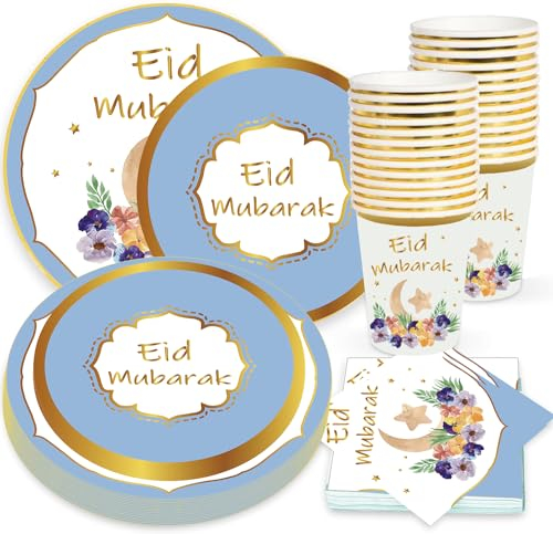 Ensemble de vaisselle de luxe Eid Mubarak en or blanc pour décoration de table Ramadan Mubarak Musulman Ramadan Assiettes à dessert Serviettes Aïd pour fête Ramadan