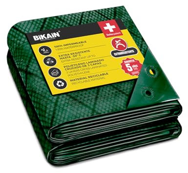 Bikain - Lona Impermeable Exterior - 3x4 Metros - 120g/m2 Reforzada - Argollas Antidesgarro - Toldo 100% Impermeable y 100% Protección UV - Cubretodo Múltiples Usos - 3 Capas Laminado Cruzado