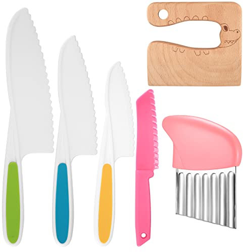 JETFLIP 6 Pcs Kids Kitchen Safety Knife Set With Serrated Edges - Reusable Plastic Cutting Tools for Fruit, Vegetable, Salad, Cake (Pink)