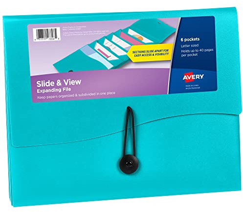 Avery Slide & View Expanding File Folder, 6 Pockets, Letter Size, 1 Aqua Folder (73544)