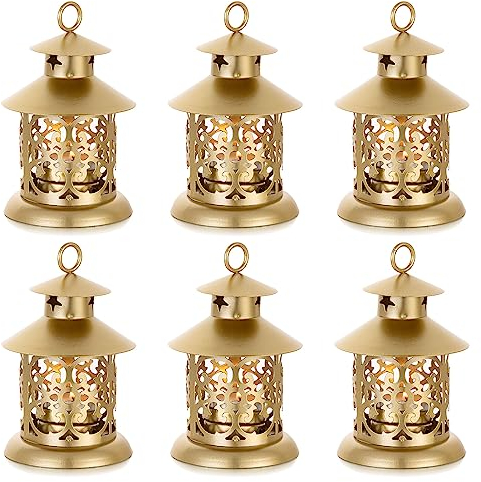 Romadedi Teelicht Laterne Gold Deko - 6er Set Vintage Laterne Kerze Metall Klein mit Gravur für Kerzen, Tischdeko, Hochzeit, Weihnachten, Ramadan, Balkon, Garten, Outdoor