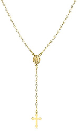 Bling Jewelry Zarte Zierliche Weiße Perle Nachbildung Jungfrau Maria Medaillon Rosenkranz Perlen Kreuzkette Für Frauen Teenager 18K Vergoldet