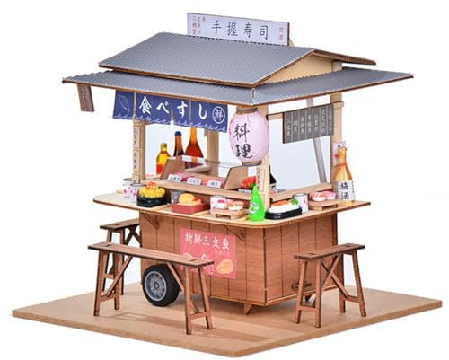 Cjeuxnr Kit fai da te per casa delle bambole in miniatura, negozio di sushi giapponese, casa delle bambole in legno, kit per casa delle bambole con mobili e luci a LED, puzzle giocattolo per San