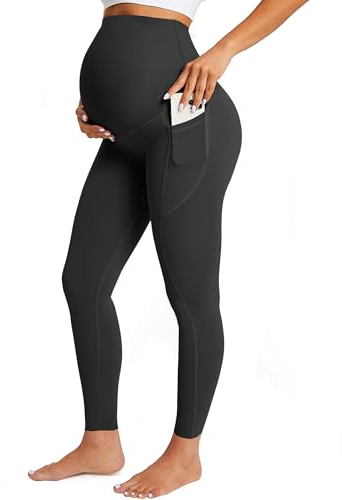 BAYDI Nudi Blickdichte Umstandsleggings High Waist Leggings mit Taschen Damen Schwangerschaft Leggings Lang Schwangerschaftshose für Zuhause Yoga Sport
