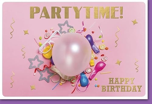 Geburtstagskarte für Frauen Feminin - Glitzernde Partytime mit Luftballons - Klappkarte mit Umschlag mit Folienprägung Glückwunschkarte Geburtstag