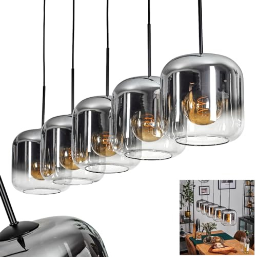Pendelleuchte Lauden, Pendellampe aus Metall/Glas in Schwarz/Chromfarben/Klar, Leuchte im modernen Retro/Vintage-Design mit Schirmen aus Glas (Ø 20 cm), Höhe max. 147,5 cm, 5 x E27, ohne Leuchtmittel
