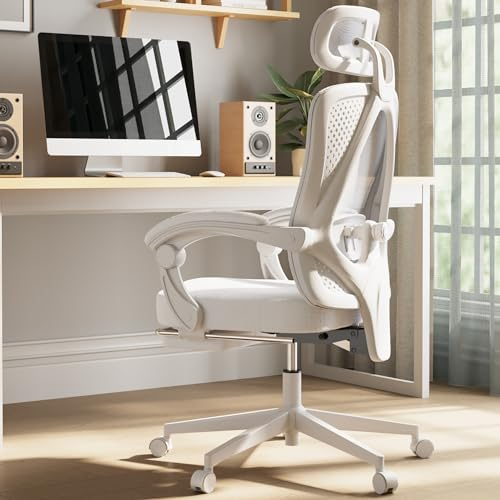 Dowinx Ergonomischer Bürostuhl Mit Kopfstütze, Lendenwirbelstütze, Chefsessel Mit Fußstütze, Höhenverstellbar, Verstellbare Rückenlehne, Mesh, 150kg, Weiß