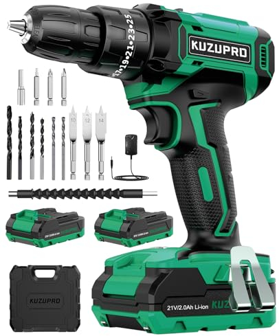 KUZUPRO Akkuschrauber 21V, Akku Bohrmaschine mit 2 Akkus 2.0Ah, 42Nm Akku Bohrschrauber, 25+3 Drehmomentstufen, 10mm Bohrfutter, LED Licht, 14tlg Zubehöre Set für Haus und Garten DIY Projekt