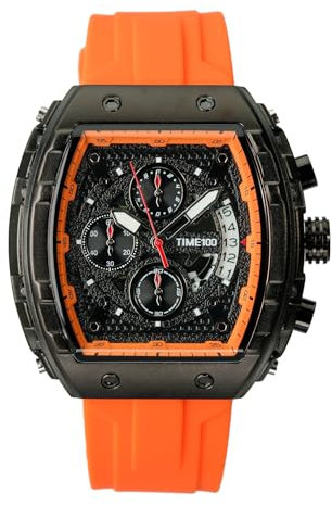 TIME100 Armbanduhr für Herren, Chronograph, Kalender, quadratisches Gesicht, Leuchtend, Punk-Stil, multifunktional, Hilfszifferblätter, Skelett-Tonneau-Uhr, Silikonarmband,Orange/Abendrot