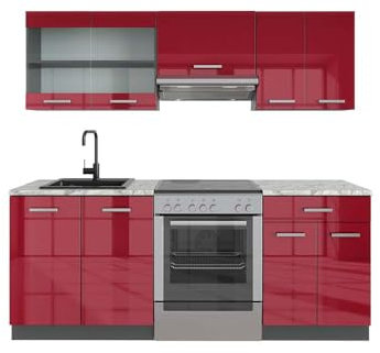 Vicco Küchenzeile R-Line, Bordeaux Hochglanz/Anthrazit, 200 cm, AP Marmor