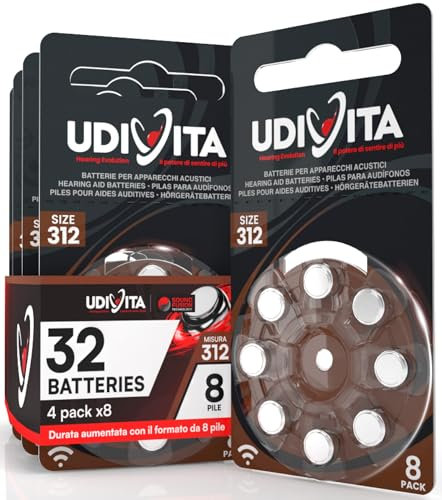 32 Pile Udivita per Apparecchi Acustici Misura 312 PR41 (Marroni - Zinco Aria) con Phono Pulse Technology - 4 Blister da 8 Batterie